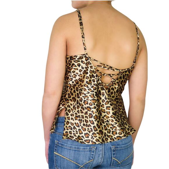 Secret Treasures Y2k Vintage Leopard Print Satin Cami Lace Up Back Sexy Small - Picture 1 of 6
